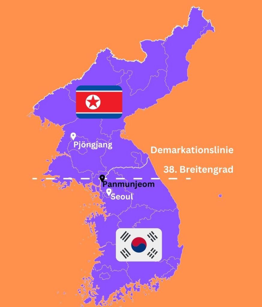 Demarkationslinie zwischen Nordkorea und Südkorea auf schematischer Landkarte. Am 38. Breitengrad mit Panmunjeom. Pjöngjang und Seoul markiert. 