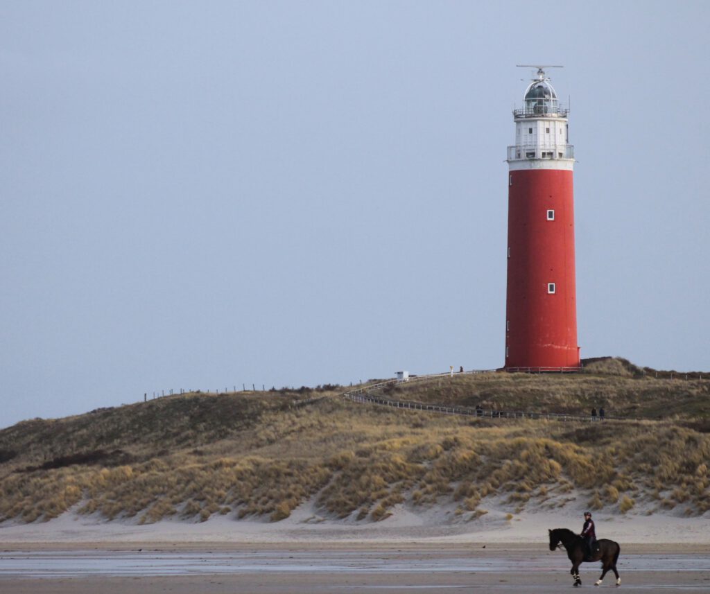 Leuchtturm von Texel vom Strand aus fotografiert. Im Vordergrund ein schwarzes Pferd mit Reiterin. 