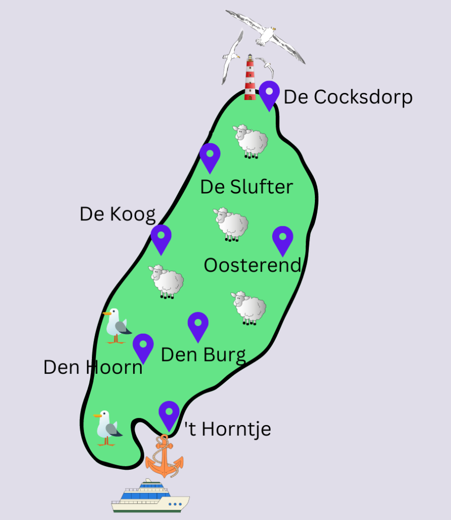 Schematische Karte von Texel mit Landmarken für De Cocksdorp, De Slufter, De Koog, Oosterend, Den Burg, Den Hoorn und 't Horntje. Mit Leuchtturm und Hafen.  