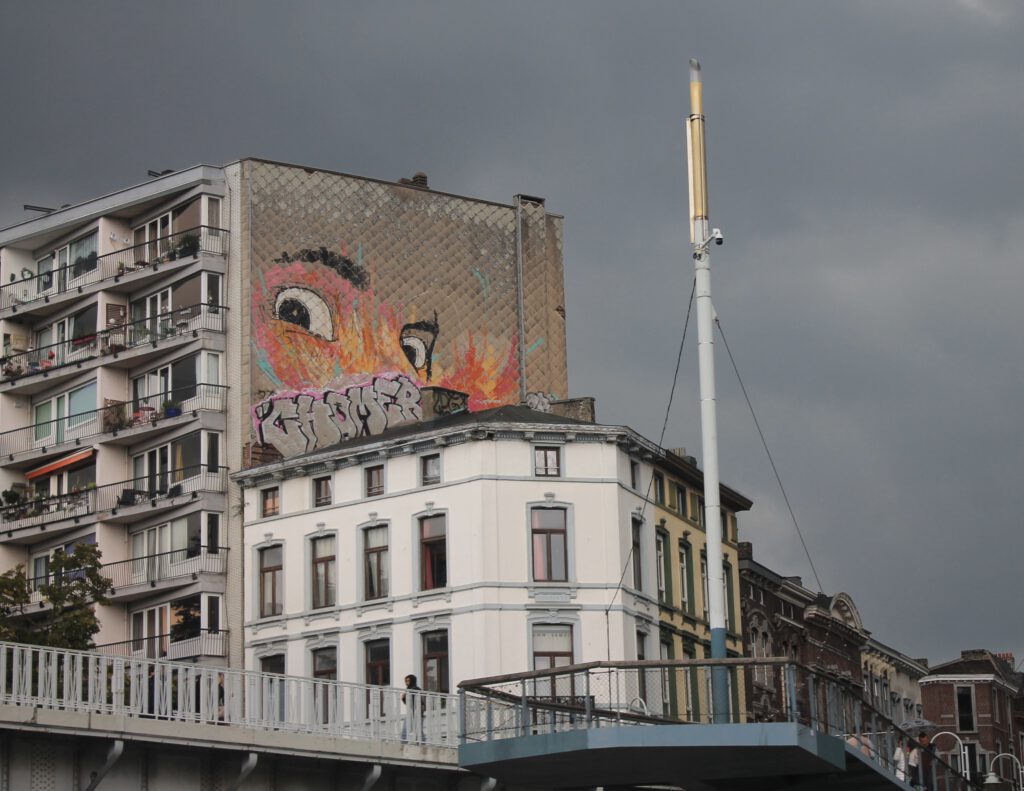 Graffiti auf Häuserwand am Ost-Ufer der Maas in Lüttich. Ein reduziertes Gesicht blickt auf den Betrachter. 