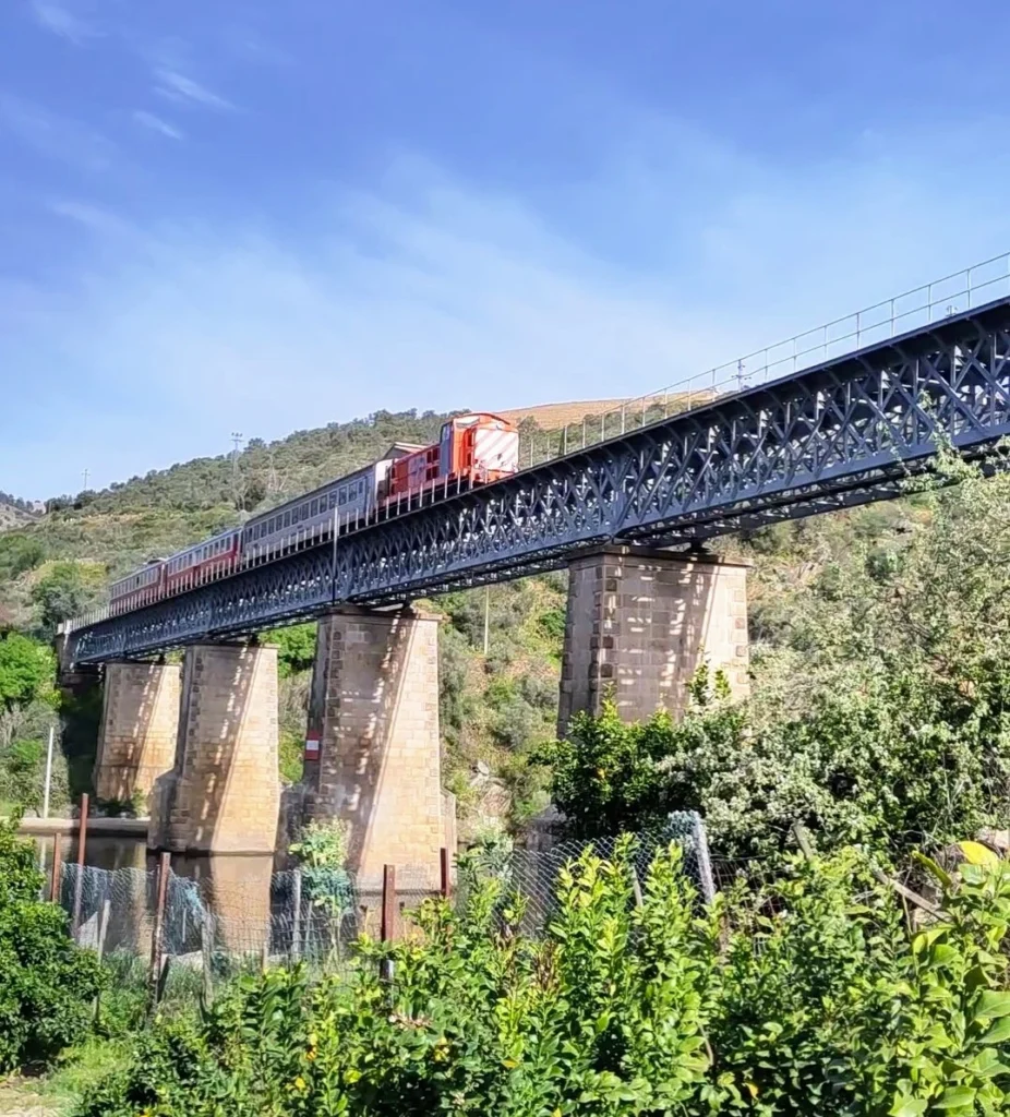 Froschperspektive auf Metall-Brücke über Tua Fluss, auf der ein alter Zug mit Diesellok fährt.